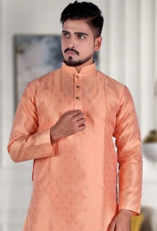 Designed Men's Pure Jacquard Cotton Silk Kurta Pajama Set Near Me