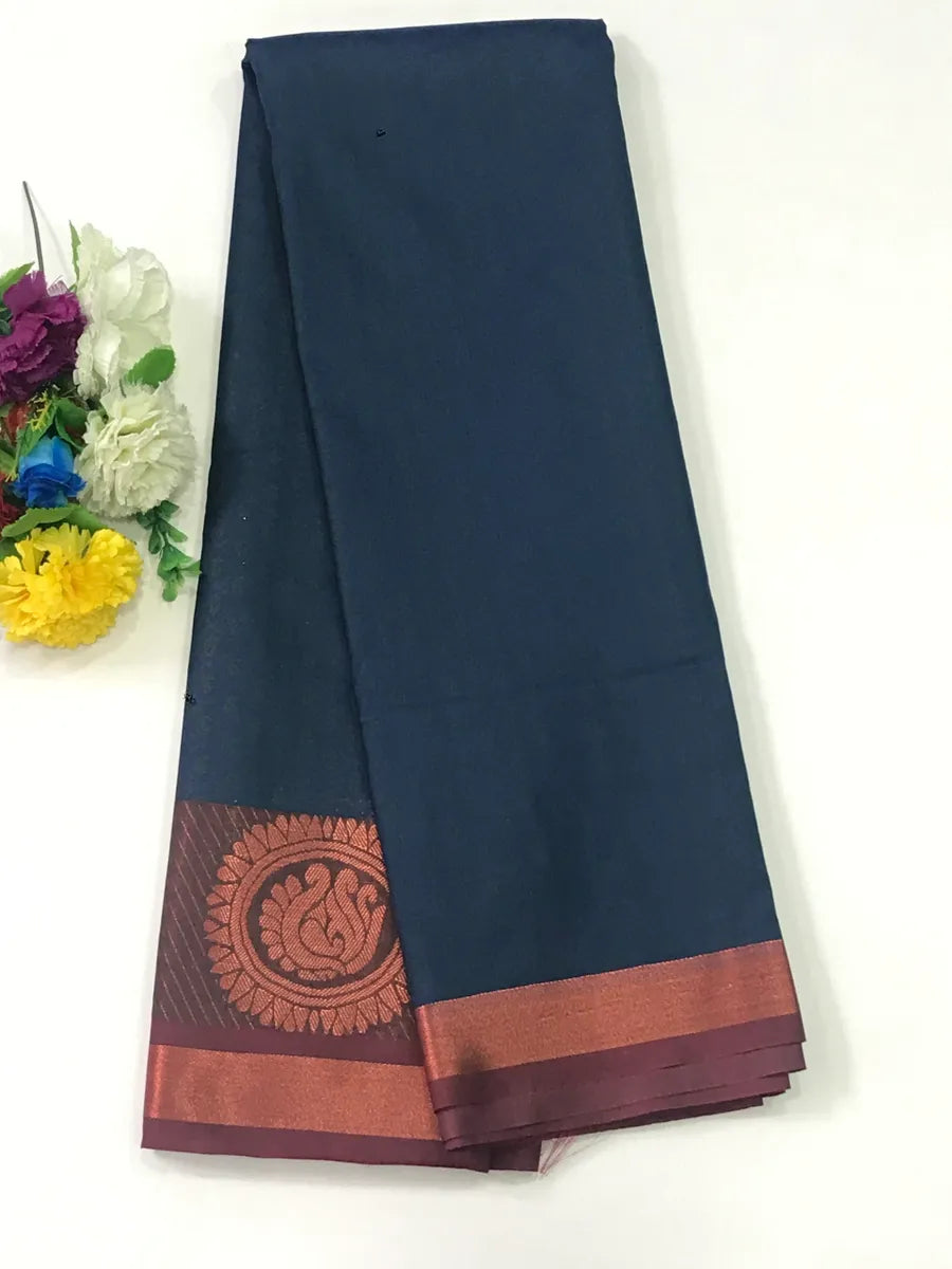 Beautiful Blue Color Art Silk Saree With Butta Motifs Allover Body And Contrast Peacock Motif Border