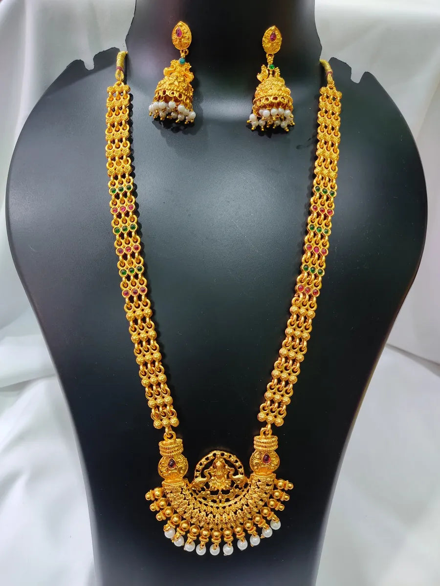 Ethnic Temple Pattern Necklace With Earrings Antique Gold Traditional Jewelry Set