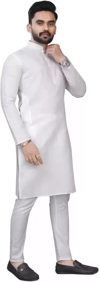 White Color Men Kurta and Pajama Set Pure Cotton With Silver Weaving Lining In USA