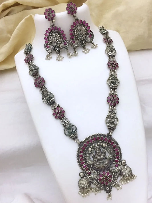  Traditional Goddess Lakshmi And Peacock Pendant Oxidized Long Chain Set Made With Brass And Copper