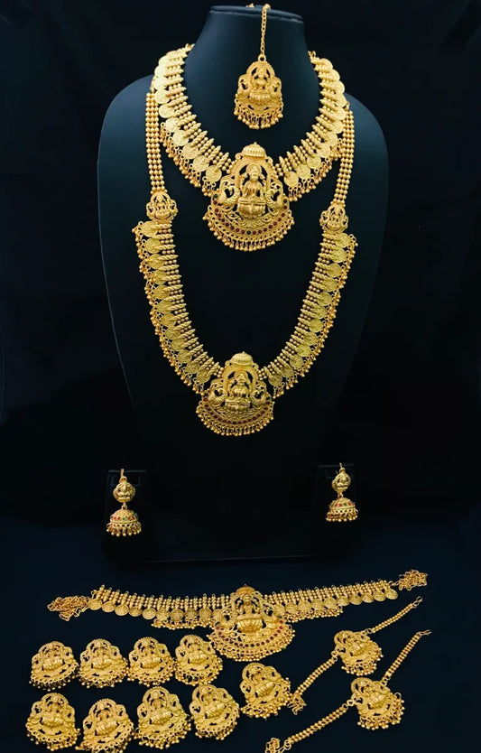 Antique Gold Matte Finished Traditional Kasu Mala Haram With Heavy Lakshmi Pendant Bridal Set