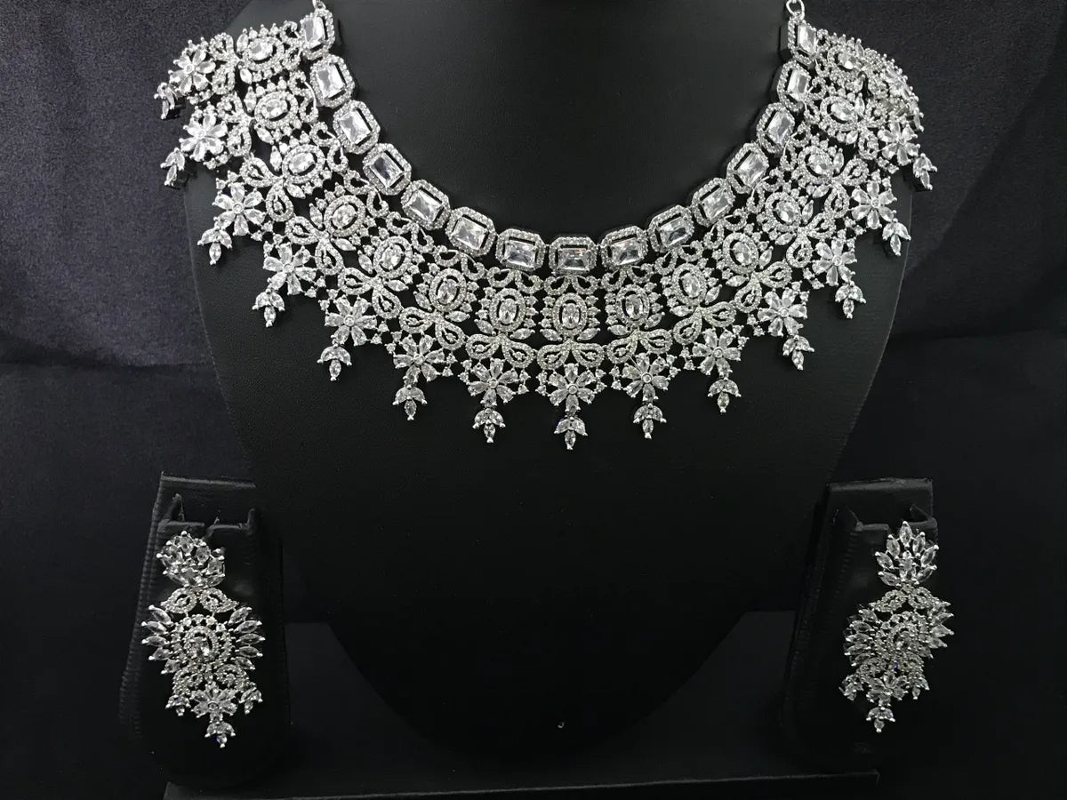 American Diamond Cluster White Elegant Bridal Necklace With Earrings