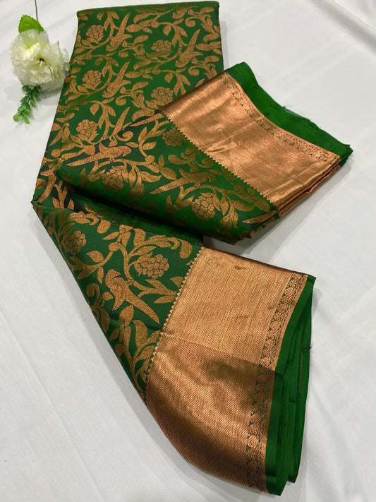 Bridal Leaf Green Pure Kanchipuram Silk Saree With Parrot Motifs And Zari Border - SILKMARK CERTIFIED