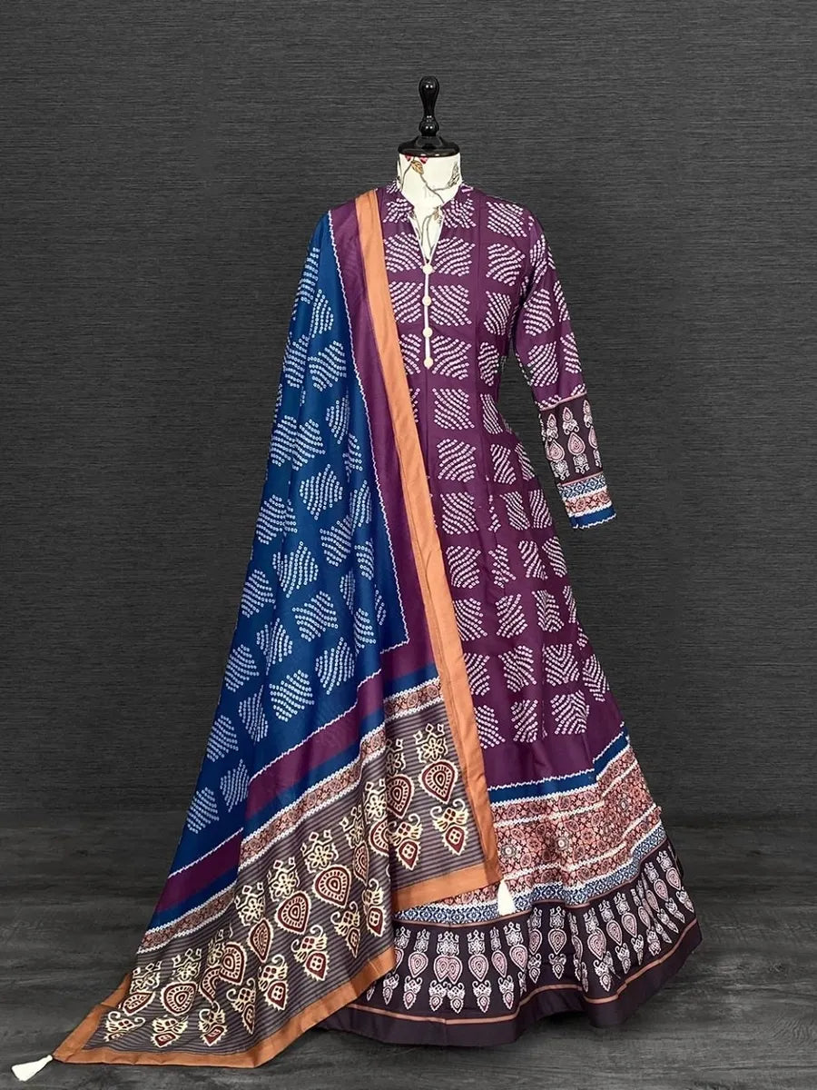 Digital Printed Vaishali Silk Gown With Muslin Silk Dupatta In USA