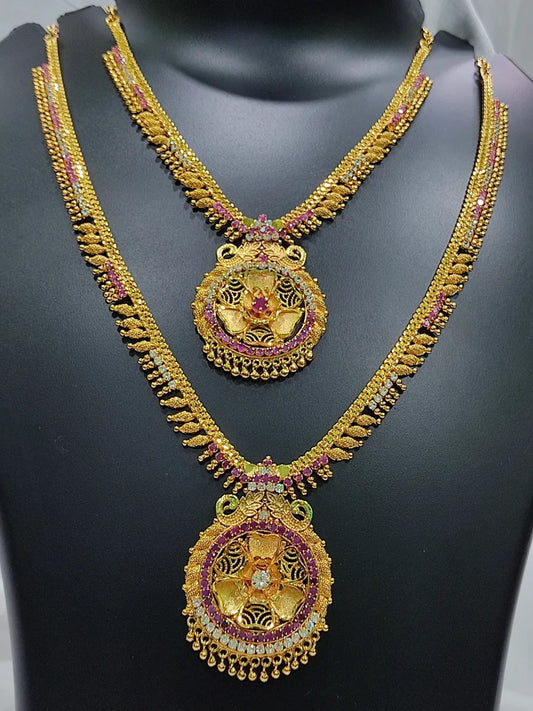 Traditional Gold Plated Beaded Ruby And White Stone Necklace Set
