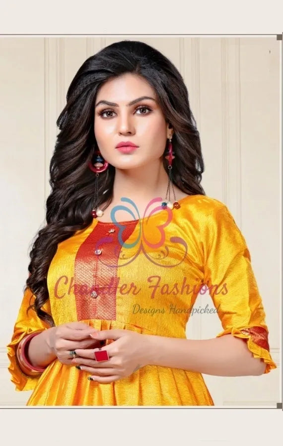 Yellow Color Aura Silk Kurti With Red Border Near Me
