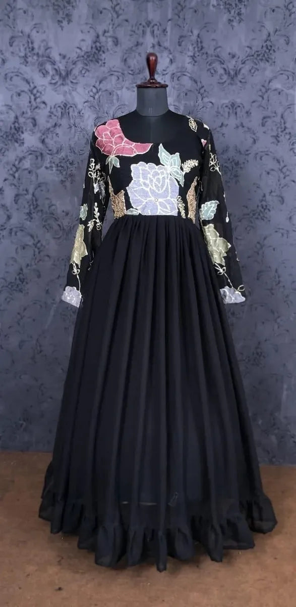Black Designer Georgette Gown With Embroidery And Sequins Work