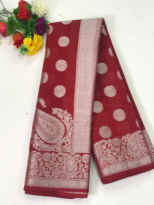 Lovely Maroon Color Silk Cotton Saree With Silver Flower Motifs All Over Body And Contrast Border
