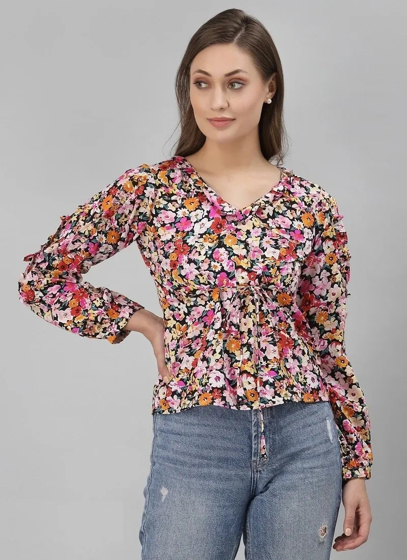 Multi Color Stylish Crepe Printed Western Top
