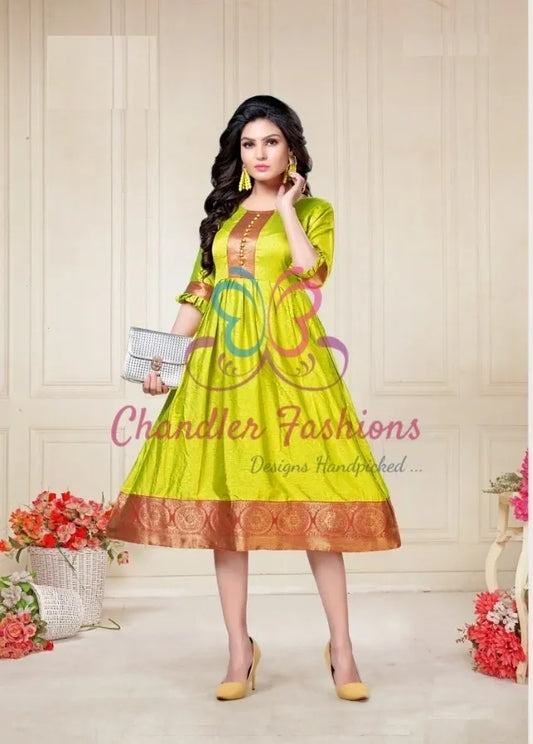 Lime Green Color Aura Silk Kurti With Red Border