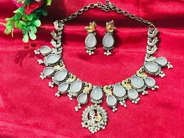 Royal Grey Stone Peacock Pendant Oxidized Necklace With Earrings In Phoenix