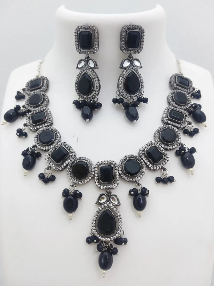 Black Silver Oxidized Choker Necklace With Earrings In USA 