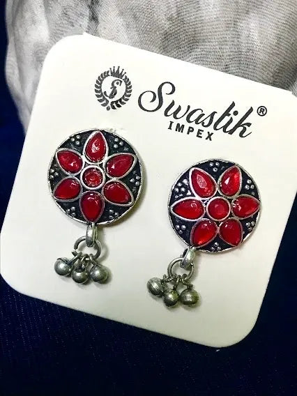 Ethnic Silver Plated Red Color Stone German Silver Stud Earrings