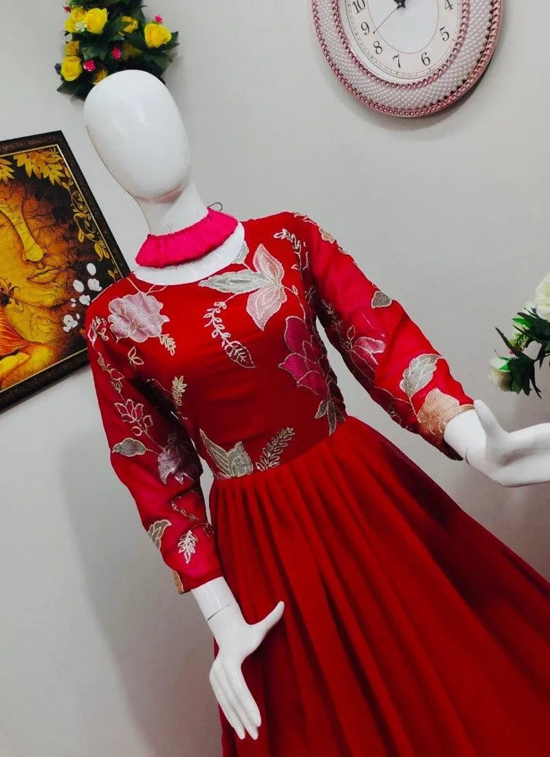 Red Designer Blooming Georgette Gown With Embroidery And Sequins Work Near Me