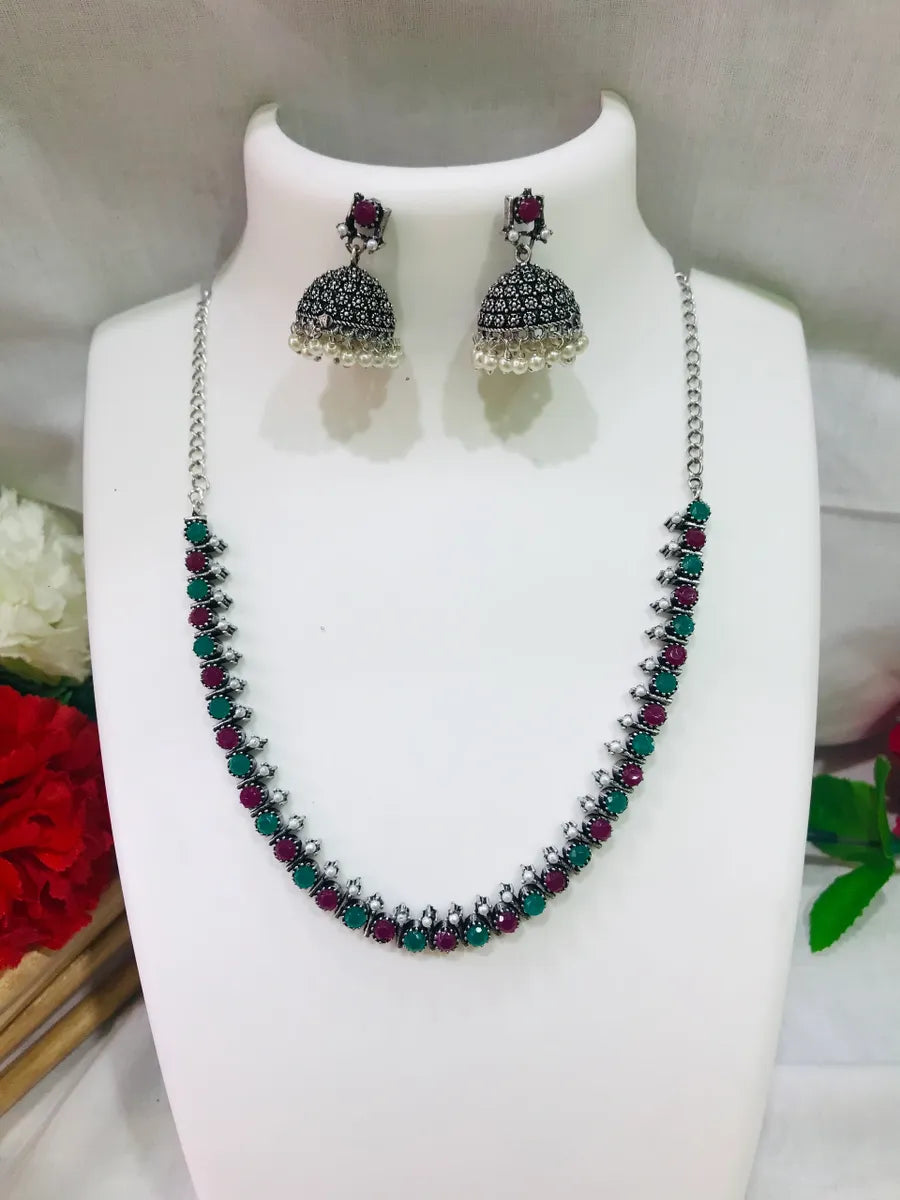 Thin Oxidized Choker Chain With Earrings In Flagstaff 