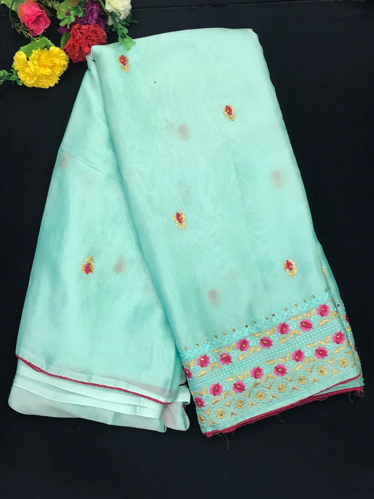 Beautiful Georgette Sky Blue Color Embroidery Party Wear Saree