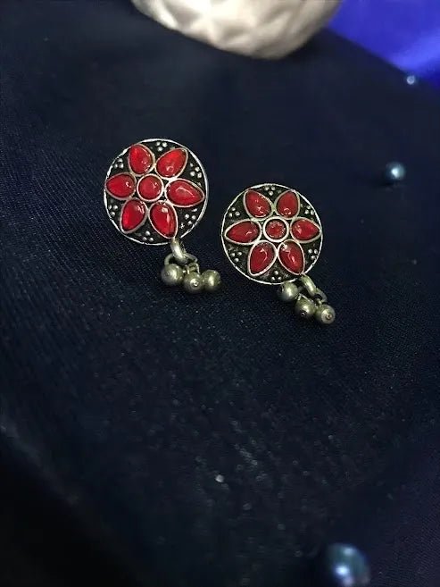Silver Plated Red Color Stone German Silver Stud Earrings Near Me