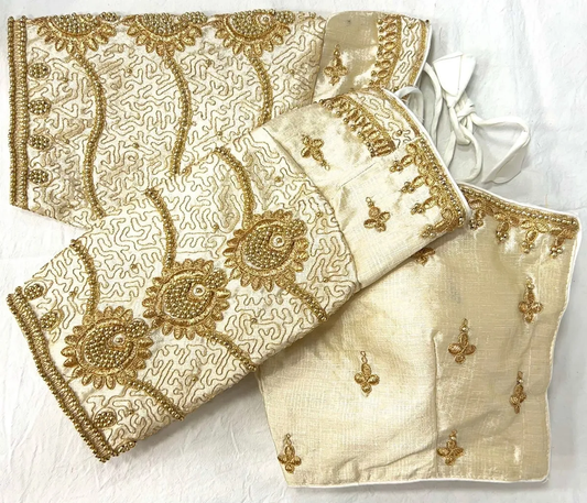 White Color Silk Zari And Ready To Wear Designer Blouse With Khatli Hand Work Blouse