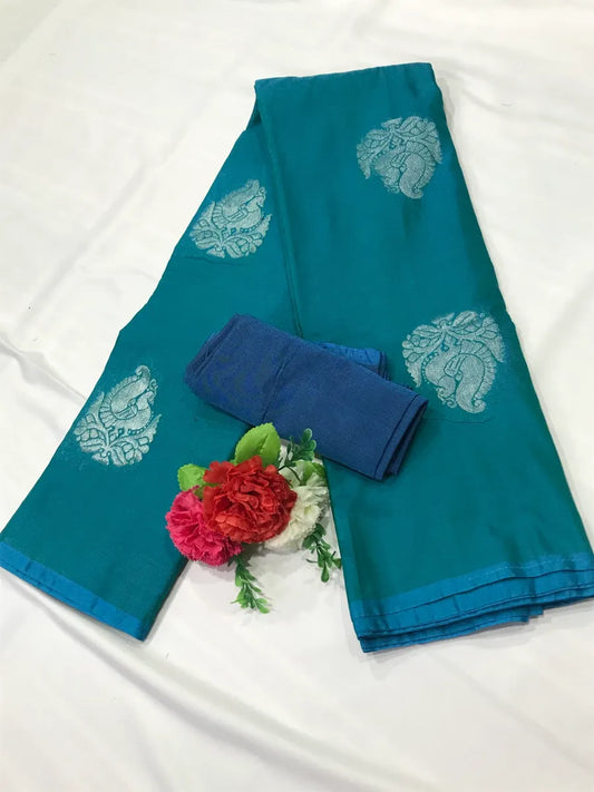 Elegant Borderless Peacock Blue Pure Kanchi Silk Saree With Silver Zari - SILKMARK CERTIFIED