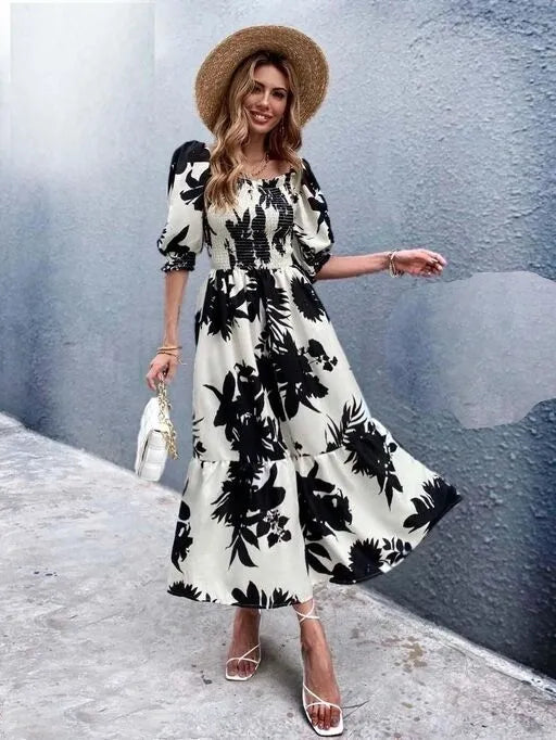 Printed Square Neck Shirred Long Gown