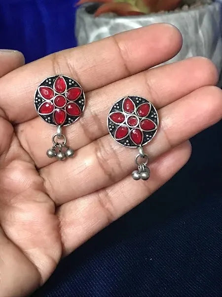 Red Color Stone German Silver Stud Earrings In Flagstaff