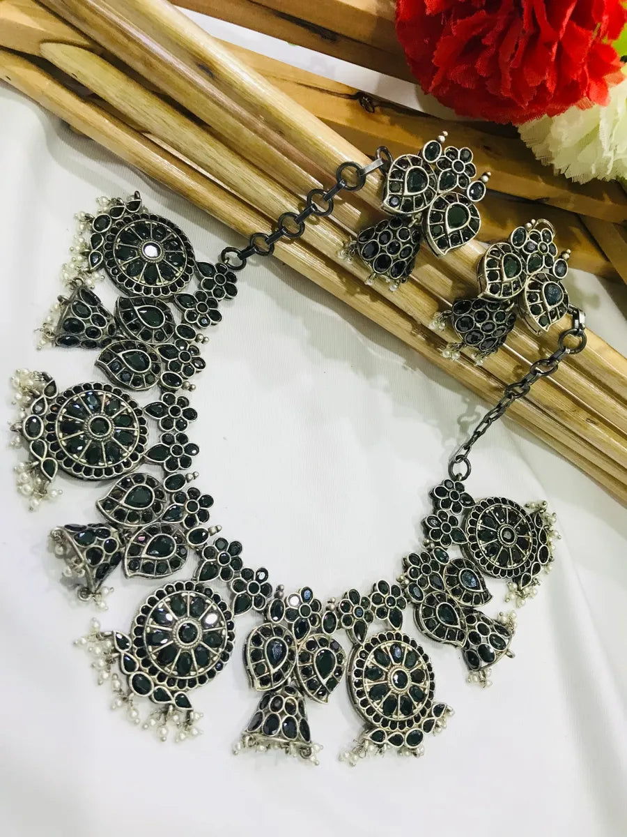Ethnic Oxidized Silver Plated Necklace With Earrings In Chandler