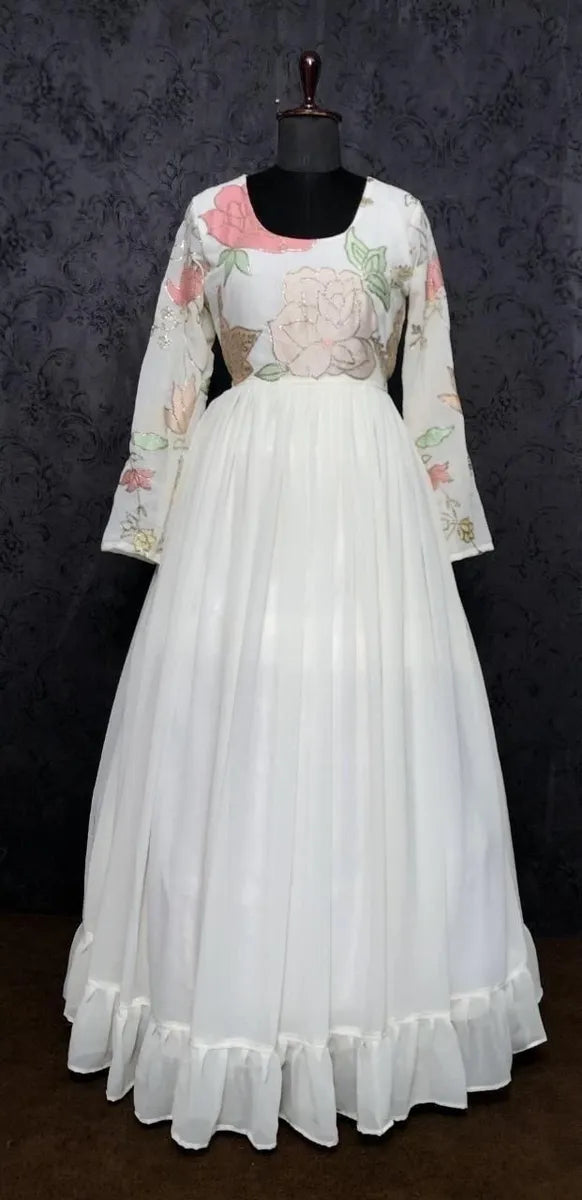 Designer White Georgette Gown With Embroidery And Sequins Work