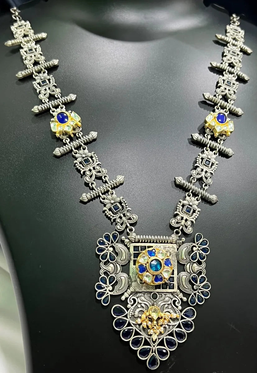 Oxidized Antique Finish Dual Tone Stone Brass Necklace Set In Happy Jack 