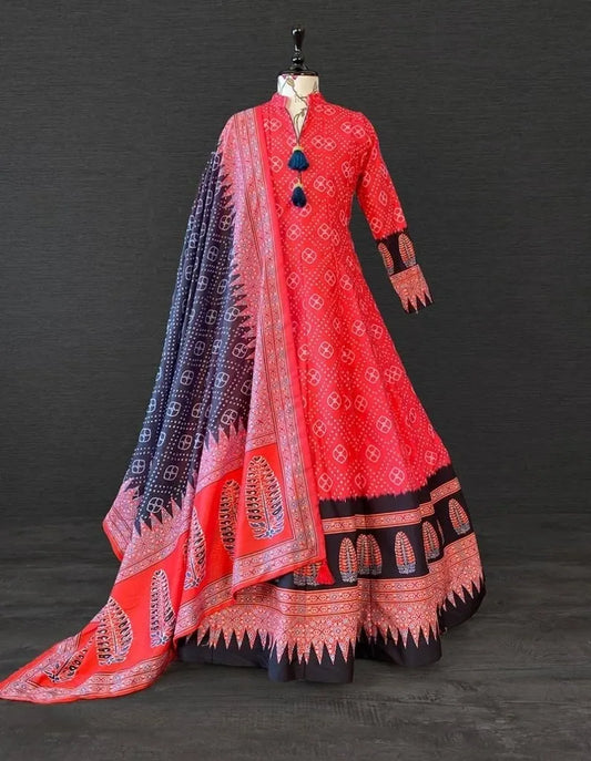 Red Color Digital Printed Vaishali Silk Gown With Muslin Silk Dupatta