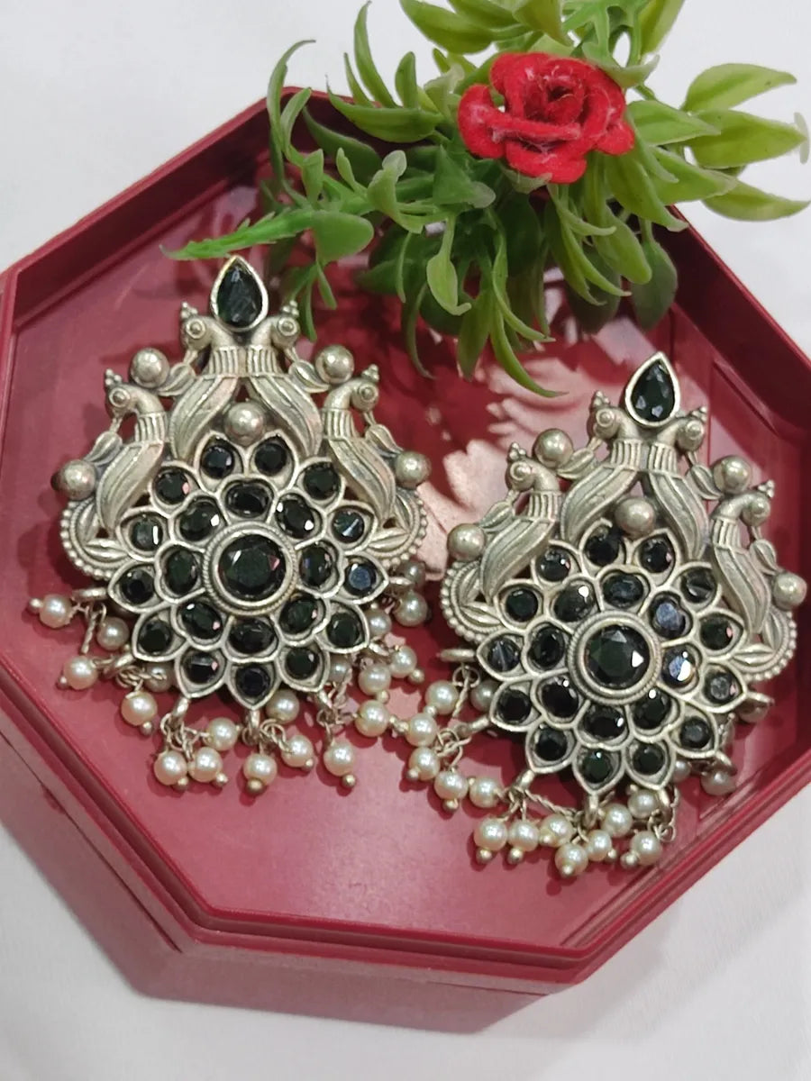 Silver Pearl Drops And Black Stone Earring Stud Near Me