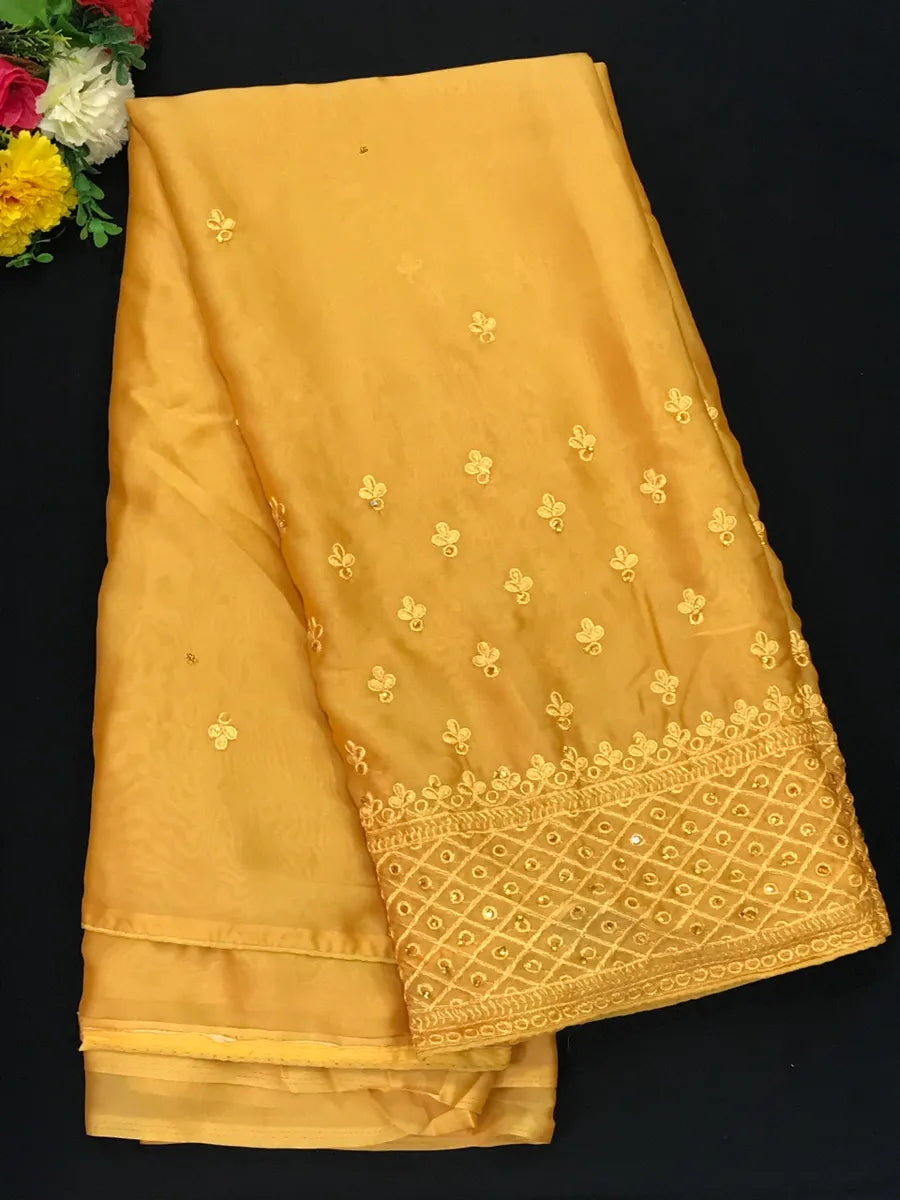 New Party Wear Designer Yellow Saree With Embroidery Work