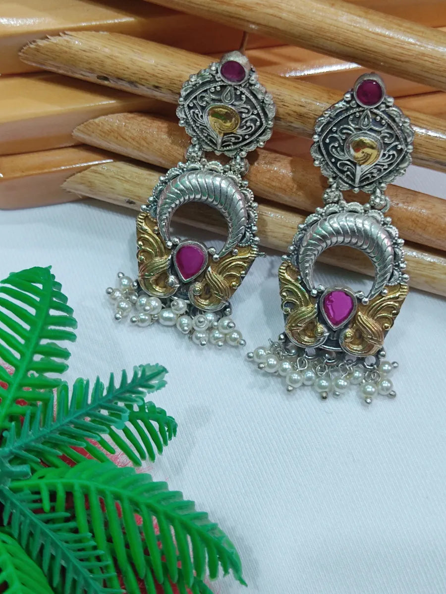 Dazzling Brass And Copper Made Antique Oxidized Ruby Dangler Earrings