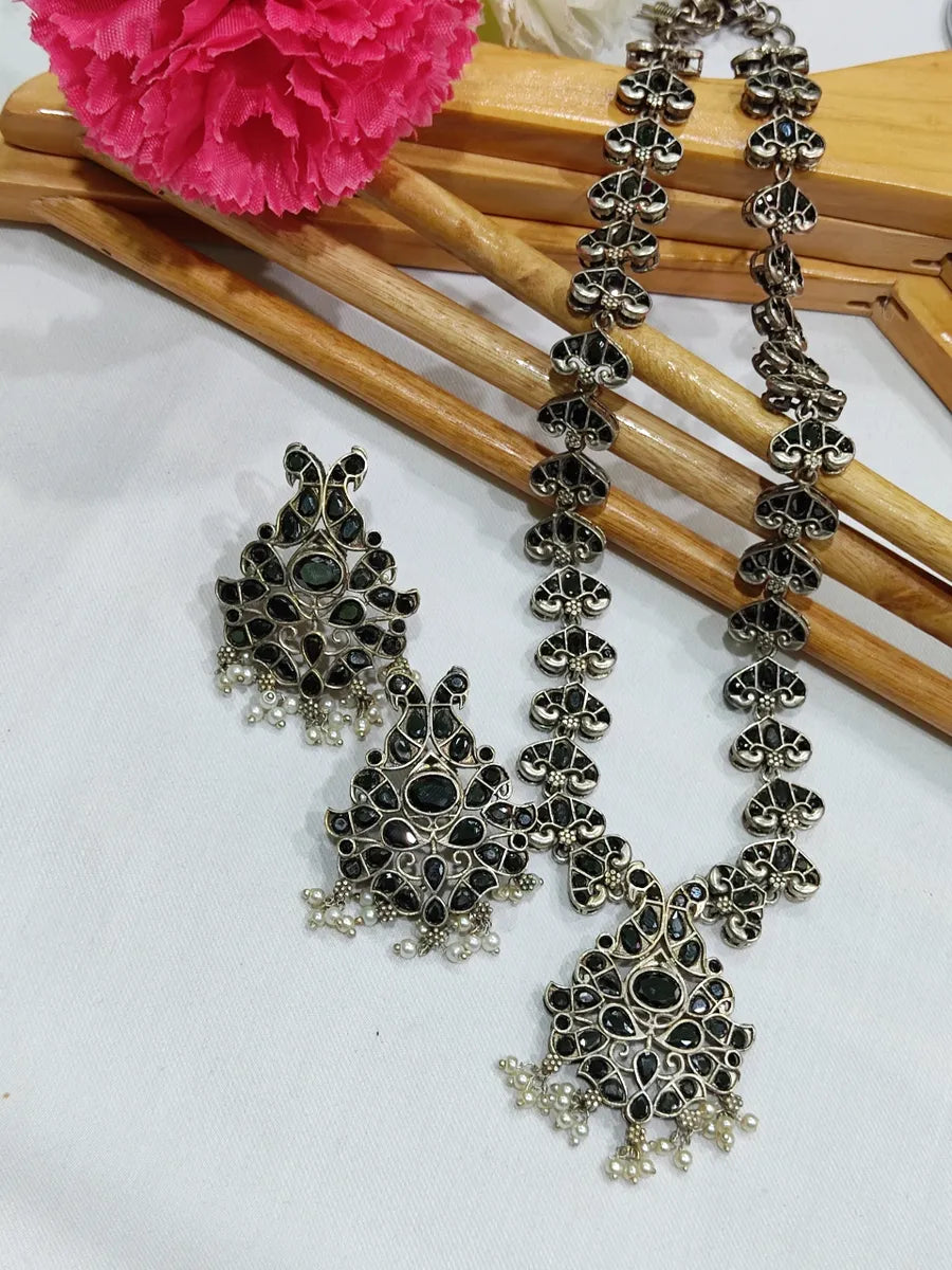 Antique Oxidized Long Necklace With Earrings In USA