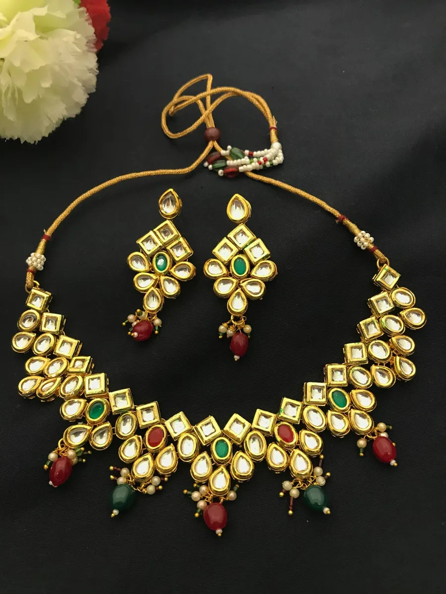 Red And Emerald Gold Tone Matte Finished Antique Gold Necklace Set In Phoenix