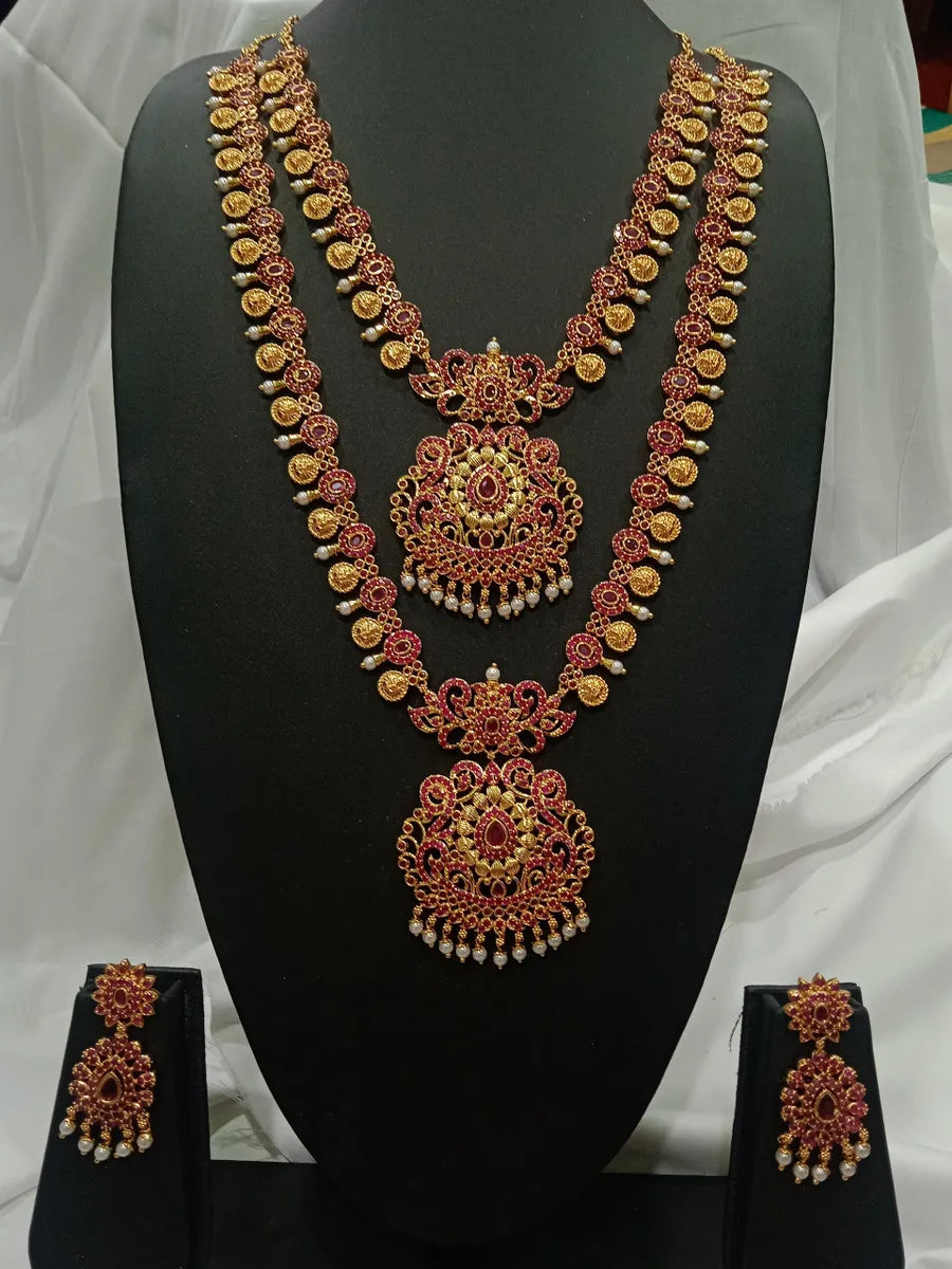 Premium Gold Plated Elegant Bridal Long Haram And Necklace Set With Earrings