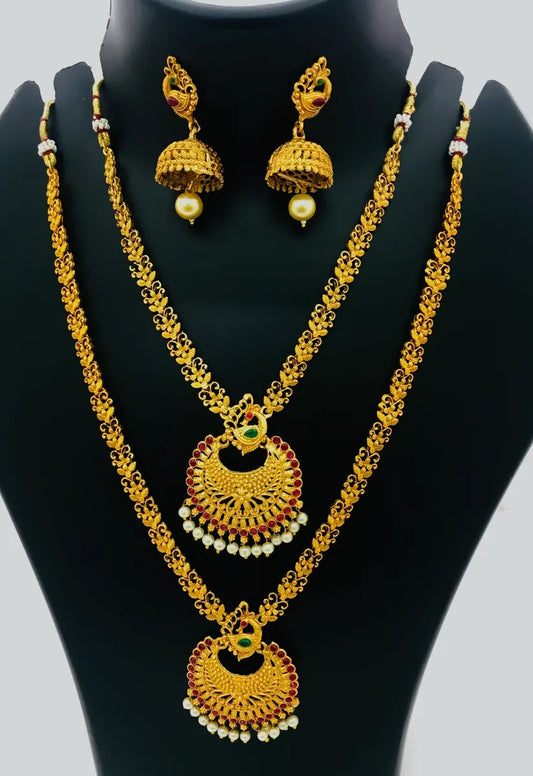 Traditional Matte Finish Antique Gold Long And Short Haram Paired With Earrings Wedding Jewelry Combo Set for Women