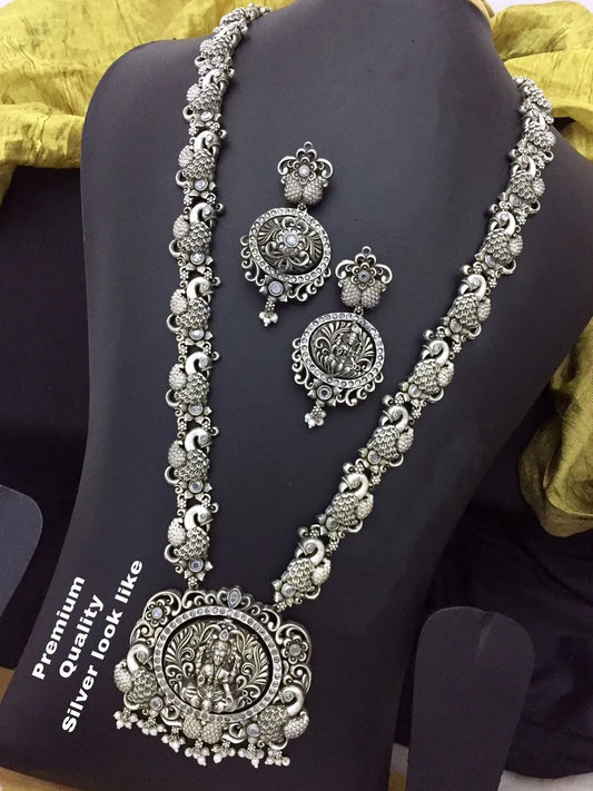 High End Beautiful Lakshmi Pendant Oxidized Long Chain With Earrings