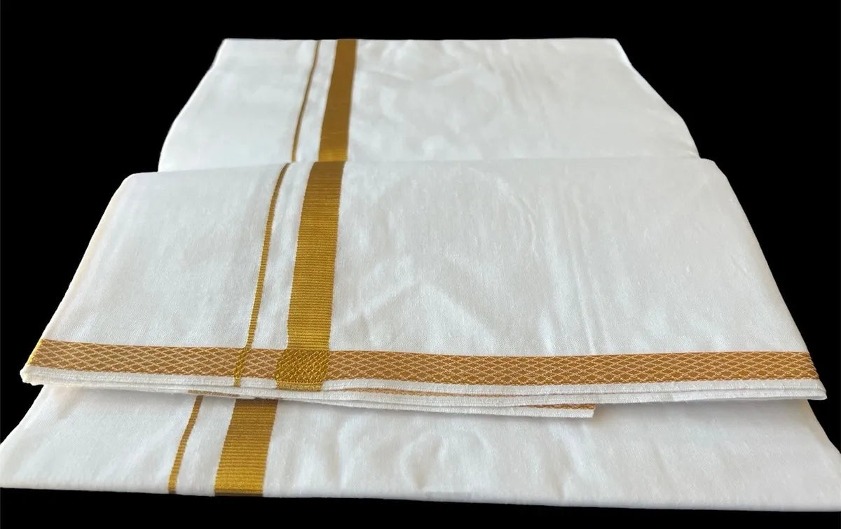 100% Premium Cotton Dhoti with Gold Zari Border - Men's Traditional White Cotton