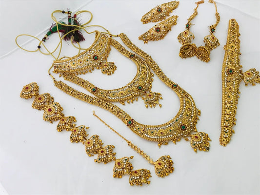 Traditional South Indian Antique Gold Matte Finished Bridal Set Jewelry