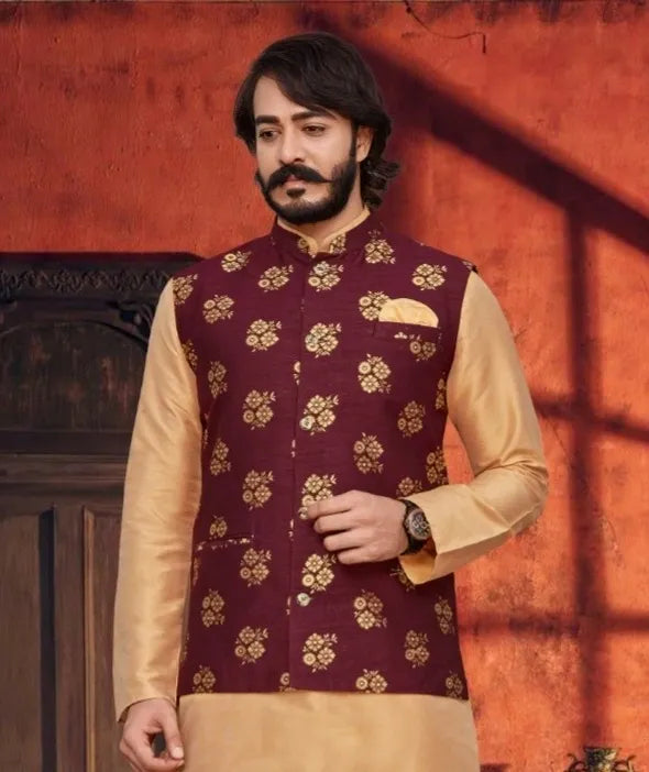 Maroon Color Designed Men's Ethnic Long Nehru Kurta With Pajama Set Near Me