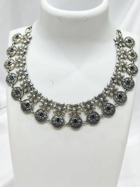  Silver Plated Oxidized Floral Choker Made With Brass And Copper