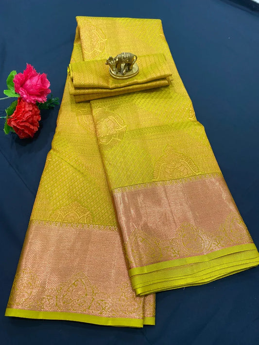 Bridal Green Kanjeevaram Silk Saree With Copper Zari Brocade All Over Jacquard Work - SILKMARK CERTIFIED