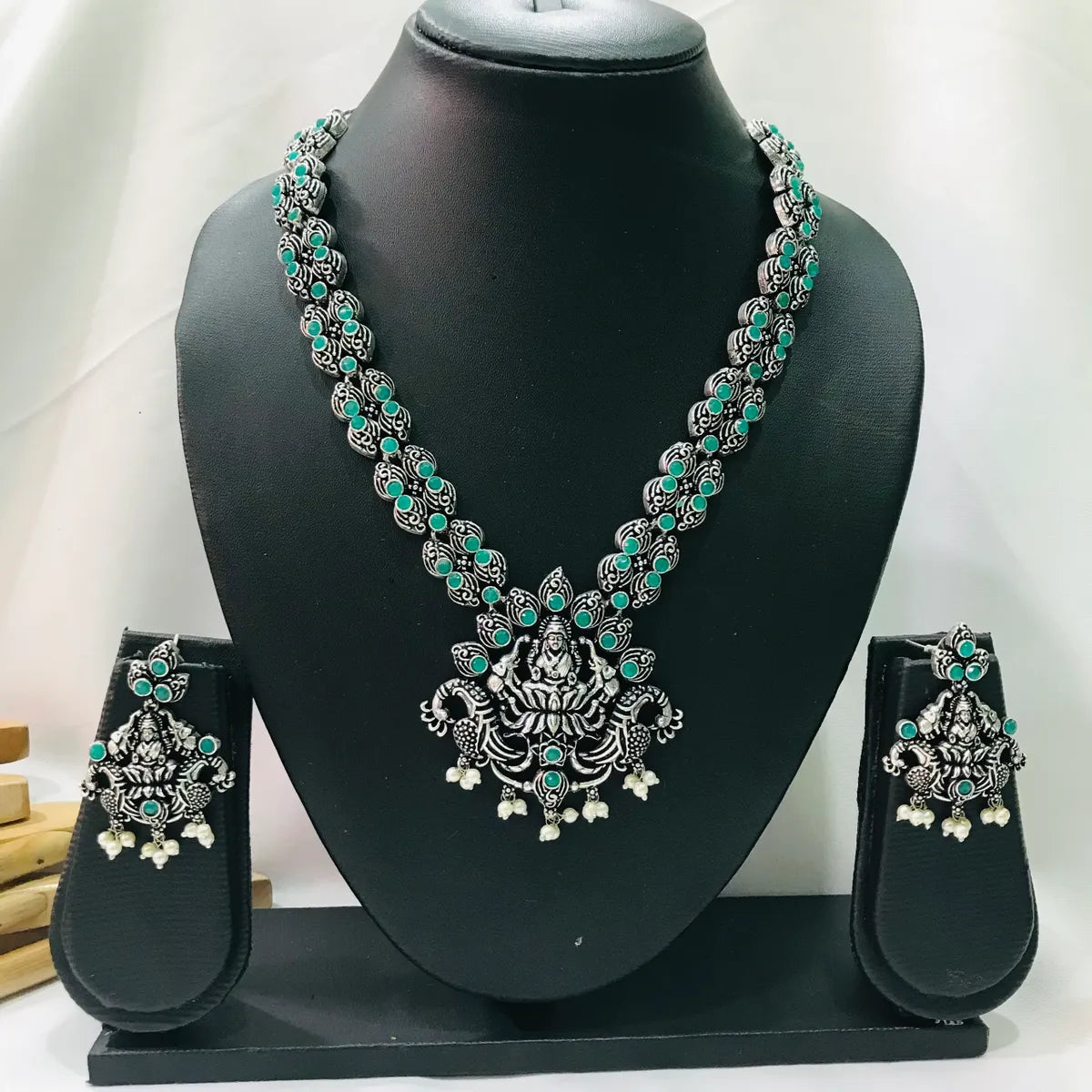 Goddess Lakshmi Pendant Silver Oxidized Necklace In Douglas 