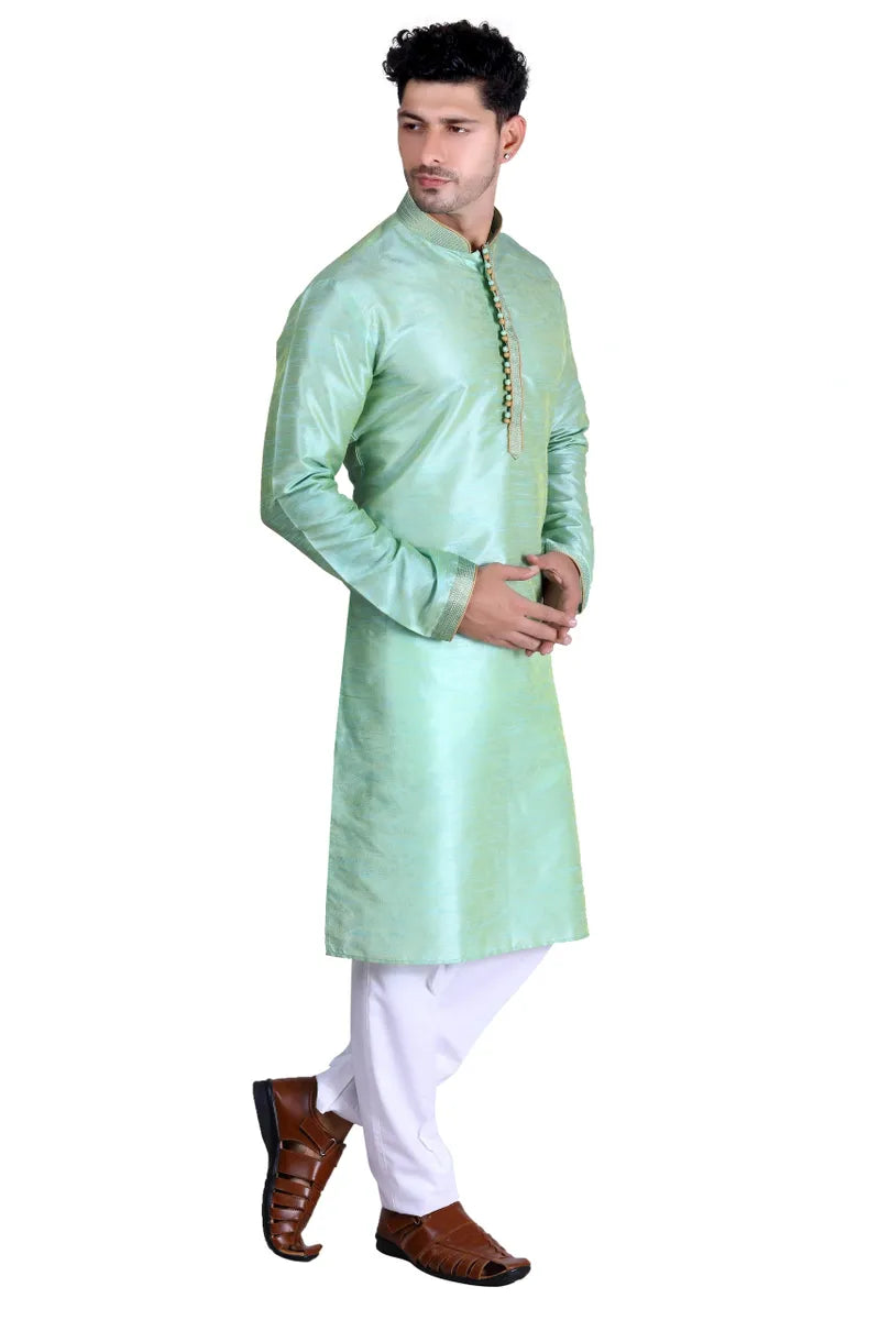 Light green colored Royal Men's Embroidered Pure Silk Kurta Pajama Set near me