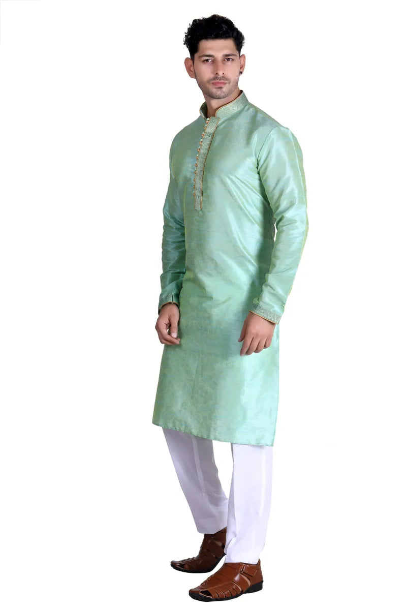 Light green colored Royal Men's Embroidered Pure Silk Kurta Pajama Set in Glendale