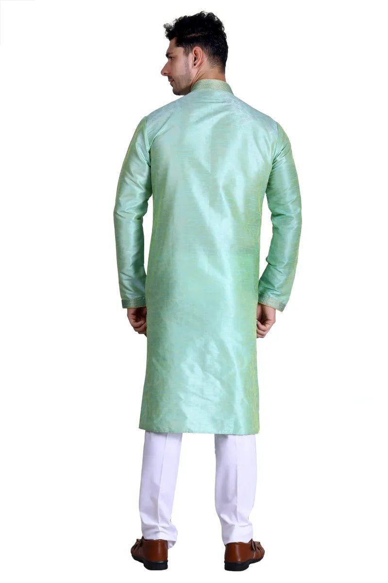 Light green colored Royal Men's Embroidered Pure Silk Kurta Pajama Set in USA