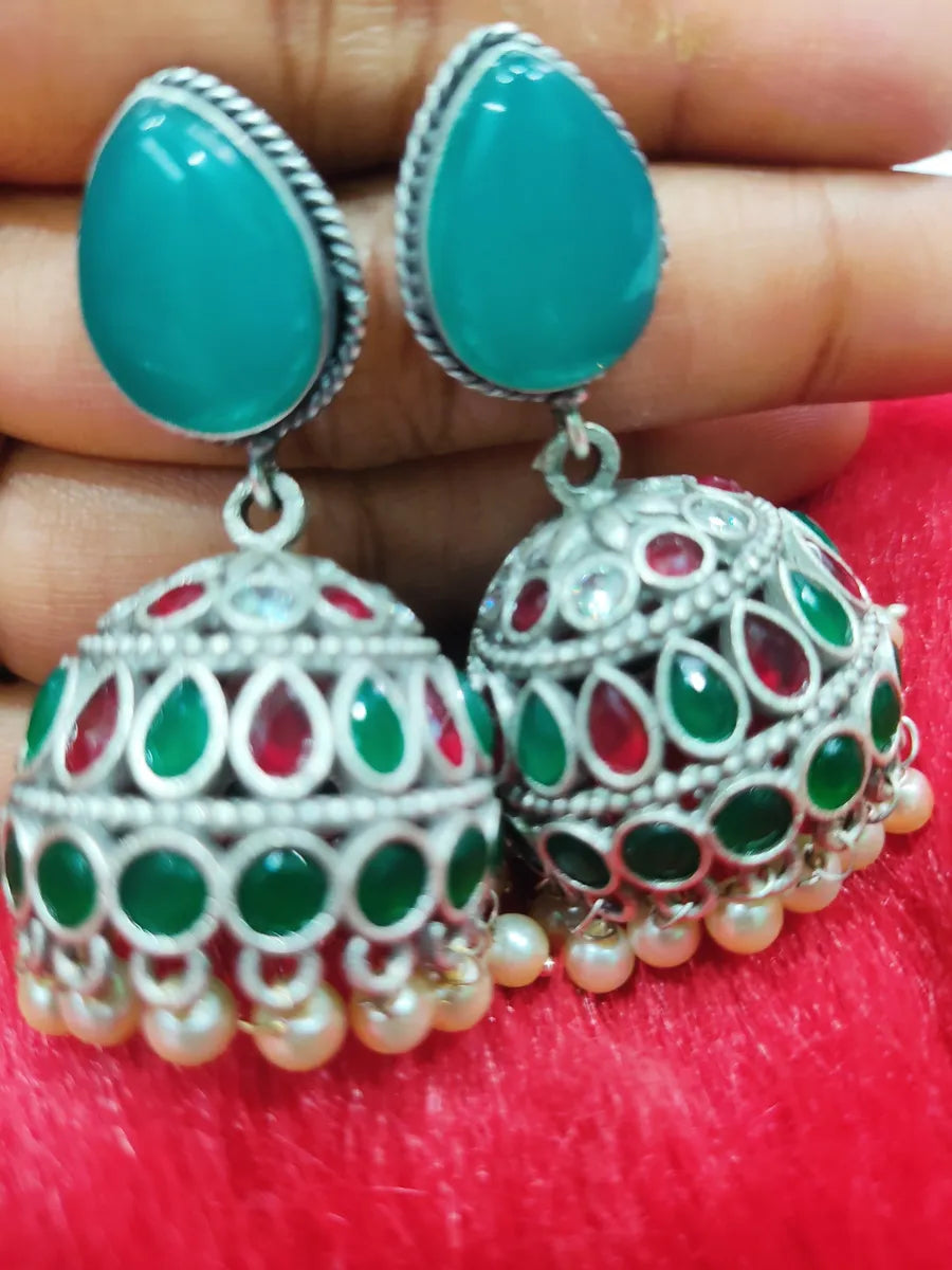 Pearl Beaded Silver Oxidized Jhumka Earrings In Flagstaff 
