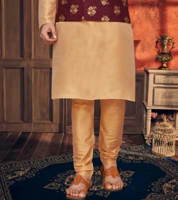 Maroon Color Designed Men's Ethnic Long Nehru Kurta With Pajama Set In Happy Jack