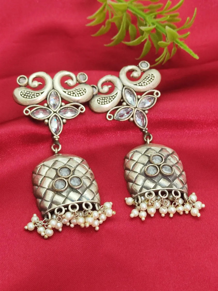 Handcrafted Dual Tone Brass Peacock Oxidized Silver Earrings With Pearls